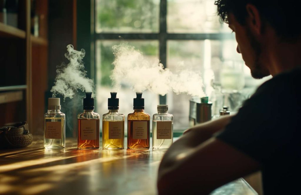 vapoteur avec plusieurs flacons d’e-liquides mentholés